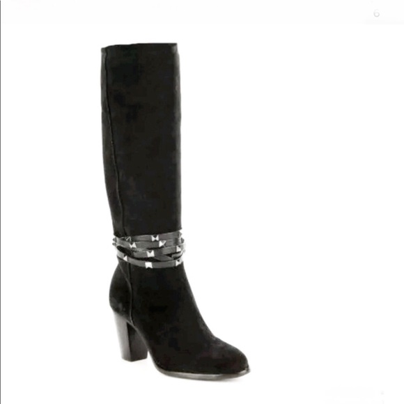 Leather suede black boots with studded straps - Picture 1 of 8